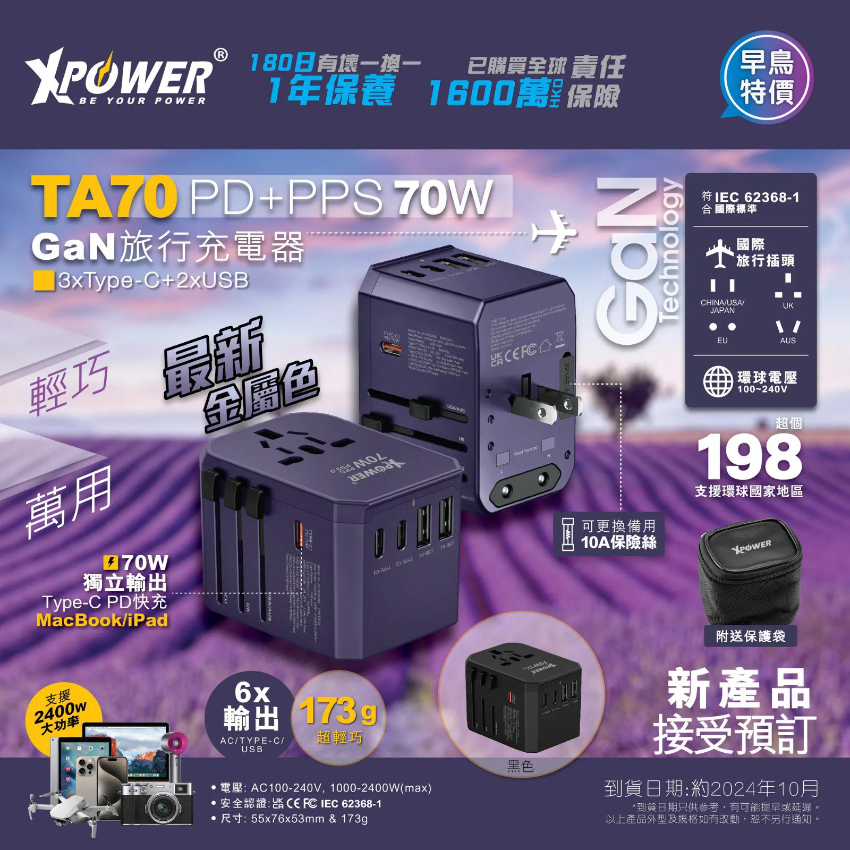 XPower TA70 6輸出PD/PPS 70W Gan旅行充電器